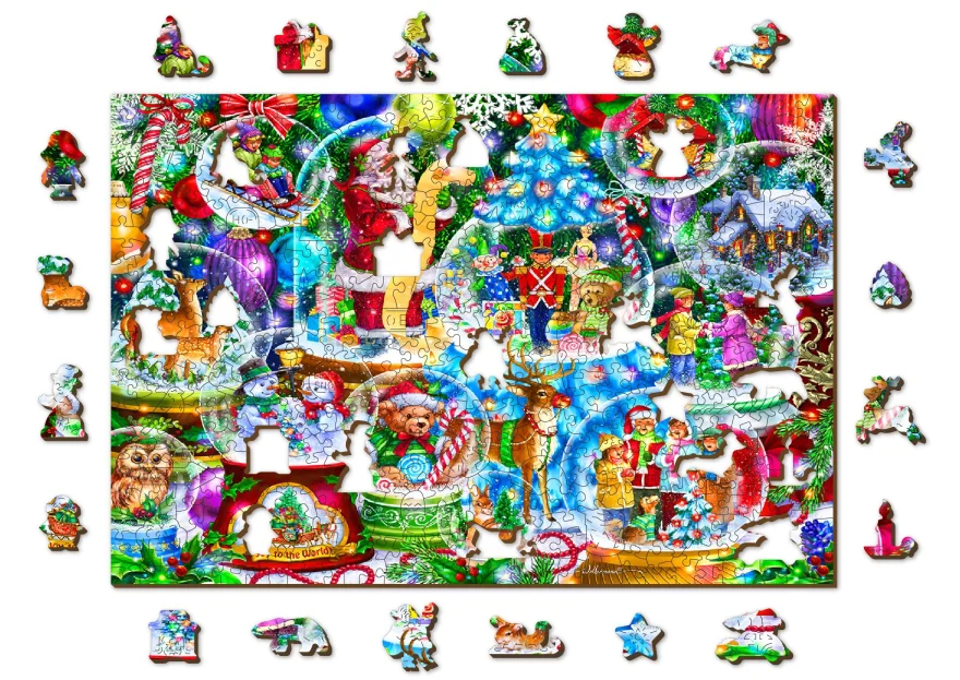 WOODEN CITY Dřevěné puzzle Vánoční sněžítka 2v1, 505 dílků EKO