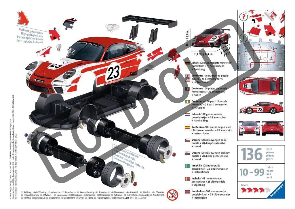 Ravensburger - Puzzle 3D Porsche 911 GT3 Cup - Porsche 911 Miniature - Maquette de Voiture à Construire - Puzzle Voiture de Sport 3D sans Colle - 108 Pièces - Dès 8 Ans - 12008038 Ravensburger - Puzzle 3D Porsche 911 GT3 Cup - Porsche 911 Miniature - Maquette de Voiture à Construire - Puzzle Voiture de Sport 3D sans Colle - 108 Pièces - Dès 8 Ans - 12008038