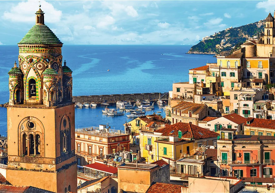 Sada 4 puzzle Trefl 4x1000 dílků Amalfi, Psi, Barcelona, Balóny