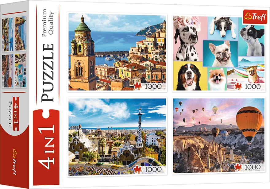 Sada 4 puzzle Trefl 4x1000 dílků Amalfi, Psi, Barcelona, Balóny