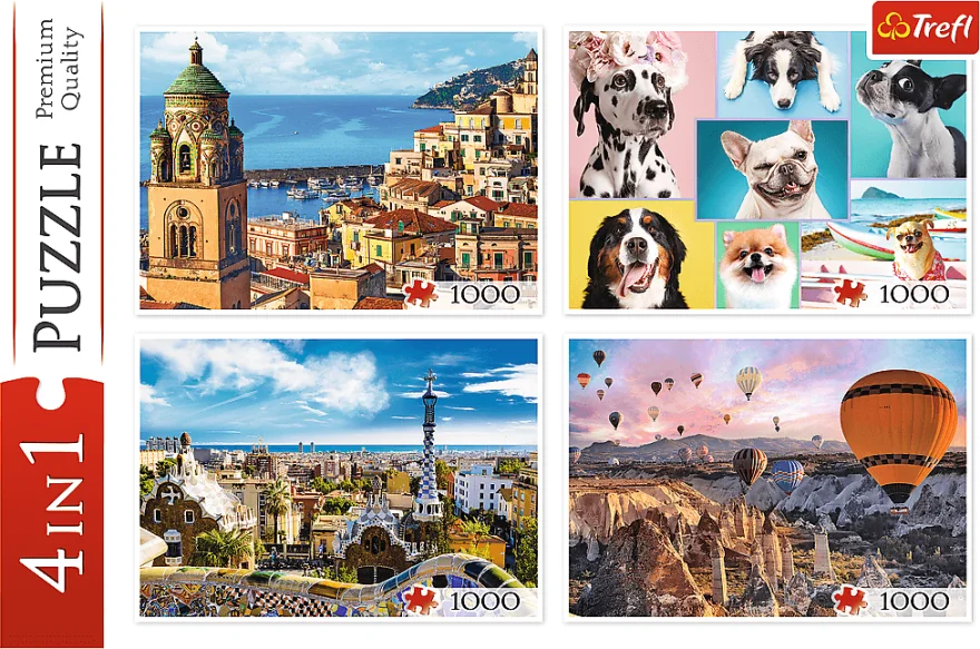 Sada 4 puzzle Trefl 4x1000 dílků Amalfi, Psi, Barcelona, Balóny