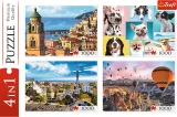 Sada 4 puzzle Trefl 4x1000 dílků Amalfi, Psi, Barcelona, Balóny