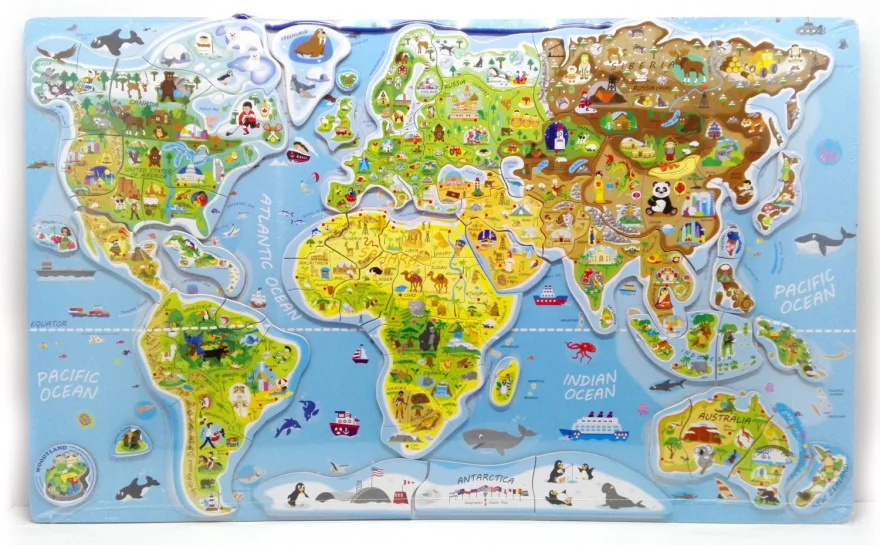 WOODY Magnetické puzzle Mapa - Svět v obrázcích 2v1