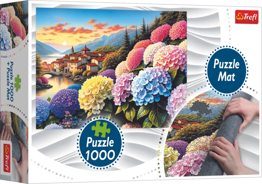 Sada 2v1: Podložka a puzzle Trefl 1000 dílků Hortenzie