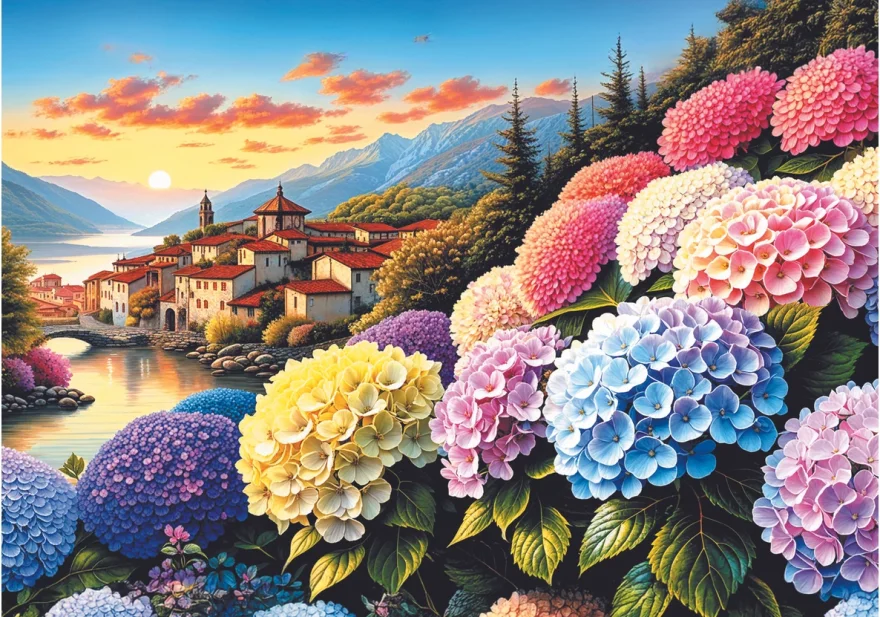 Sada 2v1: Podložka a puzzle Trefl 1000 dílků Hortenzie