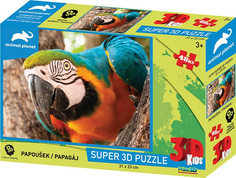 Puzzle s 3D efektem Prime 3D 48 dílků Animal Planet: Papoušek