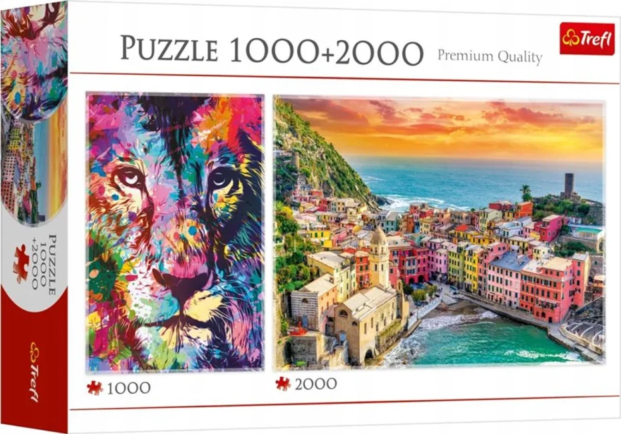 Sada 2 puzzle Trefl 1000 + 2000 dílků Barevný lev a Ligurie, Itálie