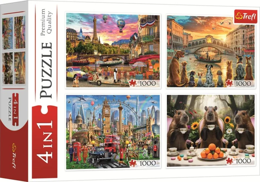 Sada 4 puzzle Trefl 4x1000 dílků Malovaná města a kapybary