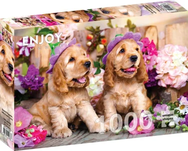 Puzzle Štěňátka kokršpaněla s květinovými kloboučky 1000 dílků