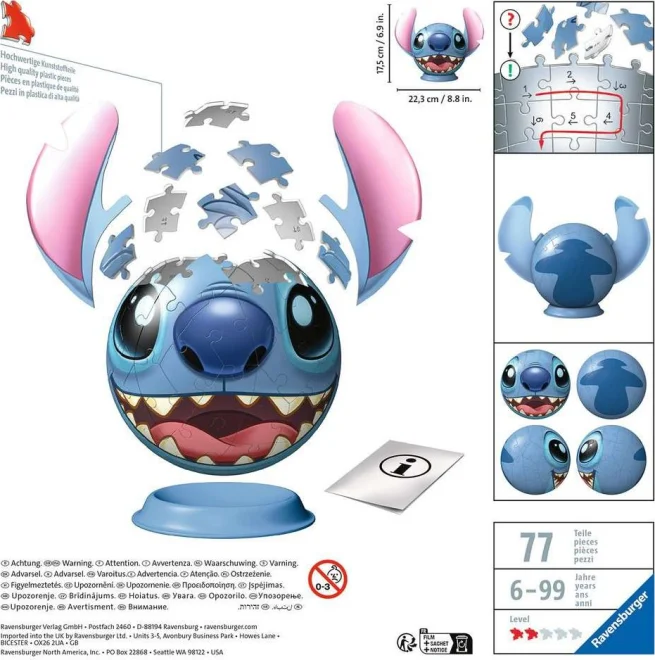 RAVENSBURGER 3D Puzzleball Stitch s ušima 77 dílků