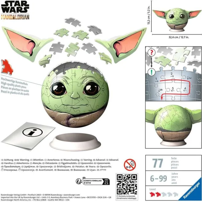 RAVENSBURGER 3D Puzzleball Star Wars: The Mandalorian Grogu s ušima 77 dílků