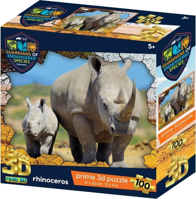 Puzzle s 3D efektem Prime 3D 100 dílků Animal Planet Ohrožené druhy: Nosorožci