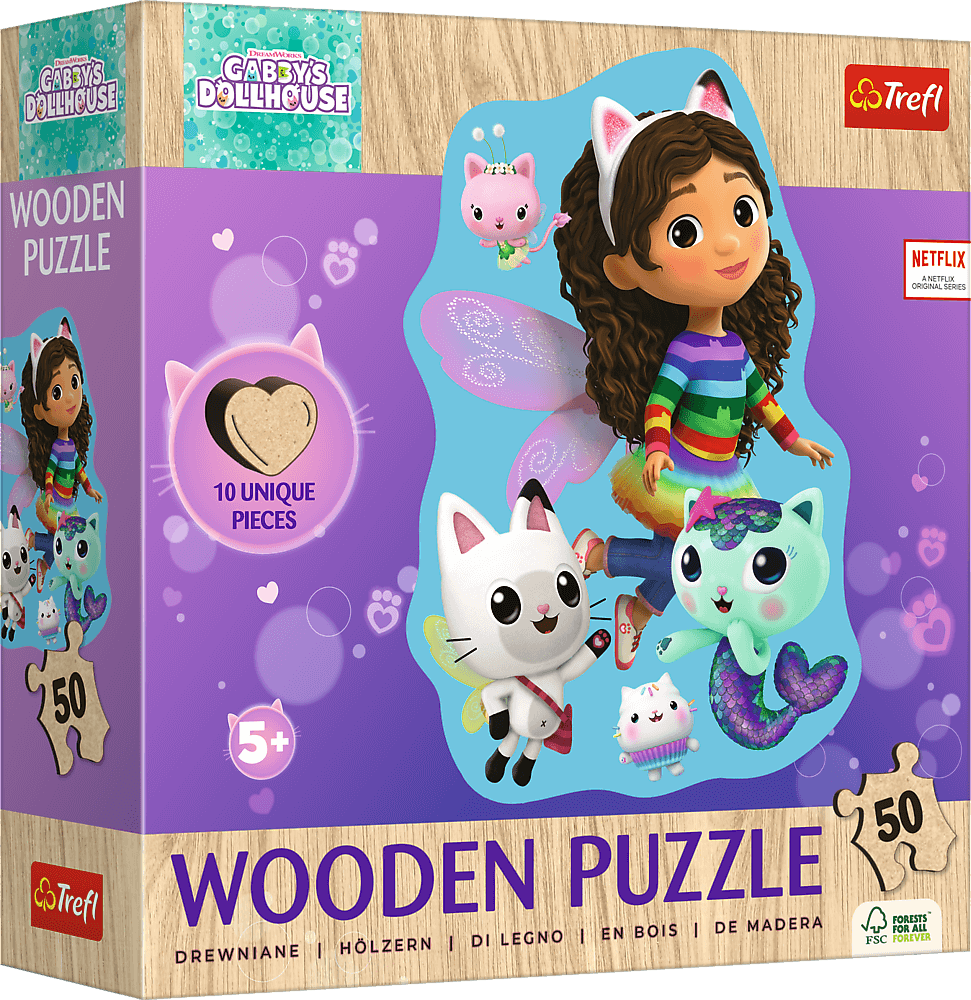 TREFL Dřevěné obrysové puzzle Gábinin kouzelný domek: Veselá Gábinka 50 dílků