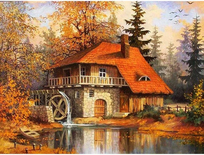 NORIMPEX Diamantové malování Domek s vodním kolem 40x30cm