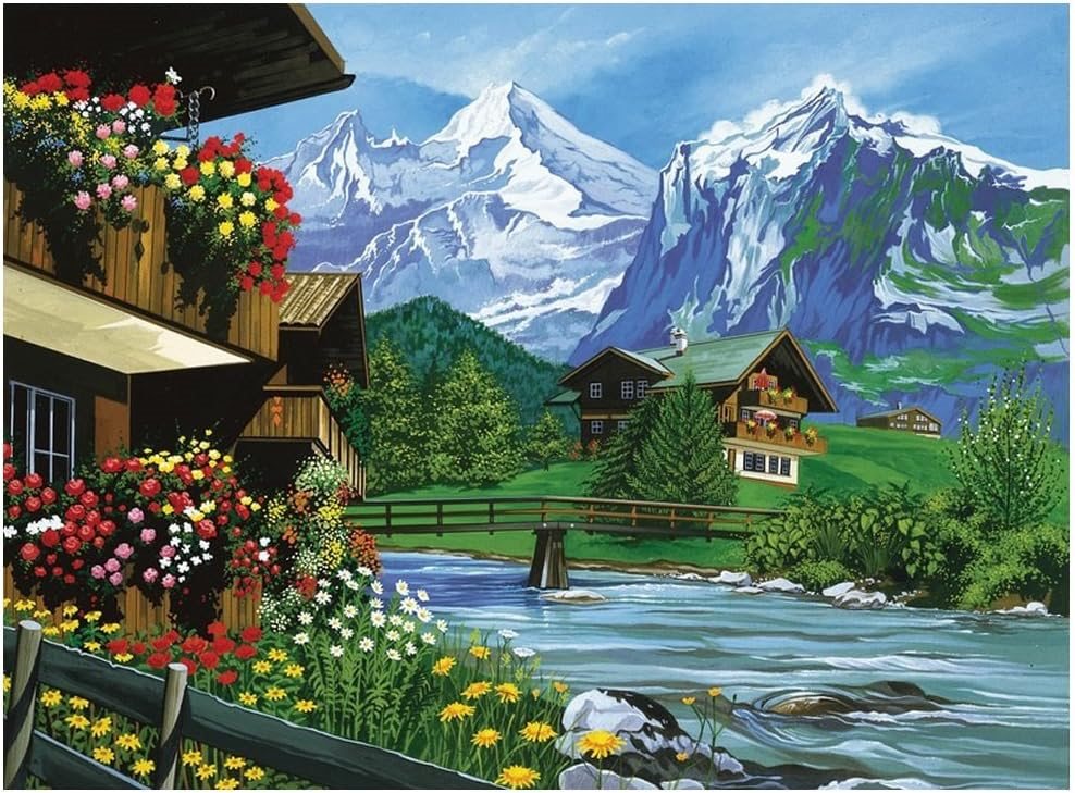 Diamantový obrázek - Chata na horách u potoka 30x40cm