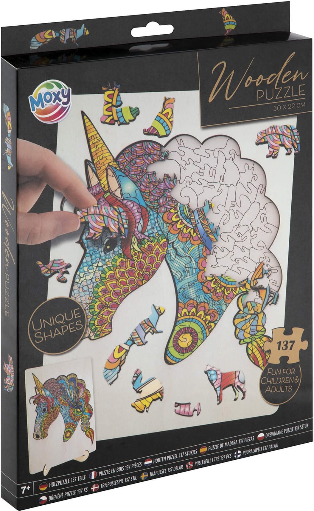 Dřevěné puzzle Moxy se stojánkem Jednorožec 137 dílků