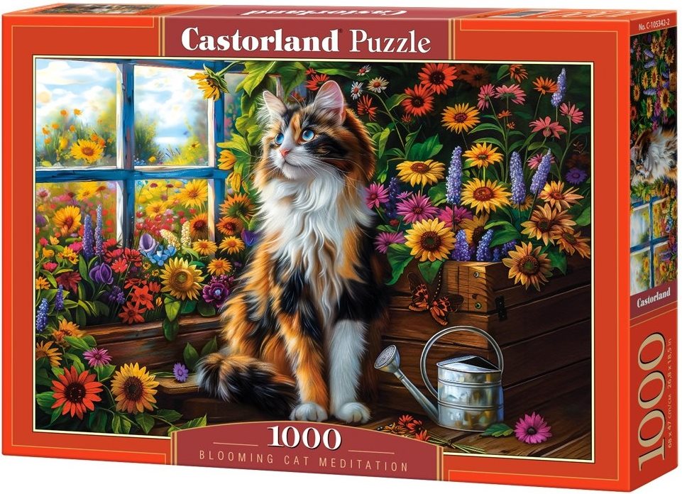 Puzzle Castorland 1000 dílků Kočičí meditace mezi květinami