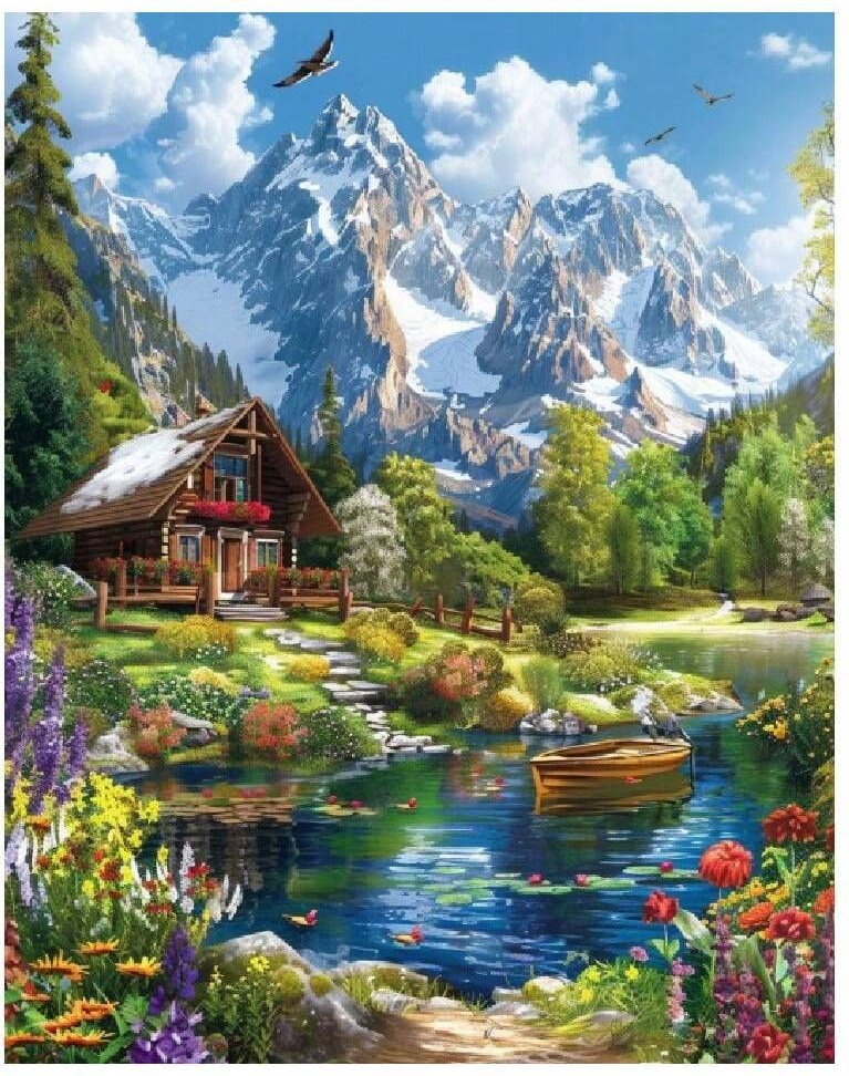 Diamantové malování Norimpex 40x30 cm Horská chata u rozkvetlého jezera