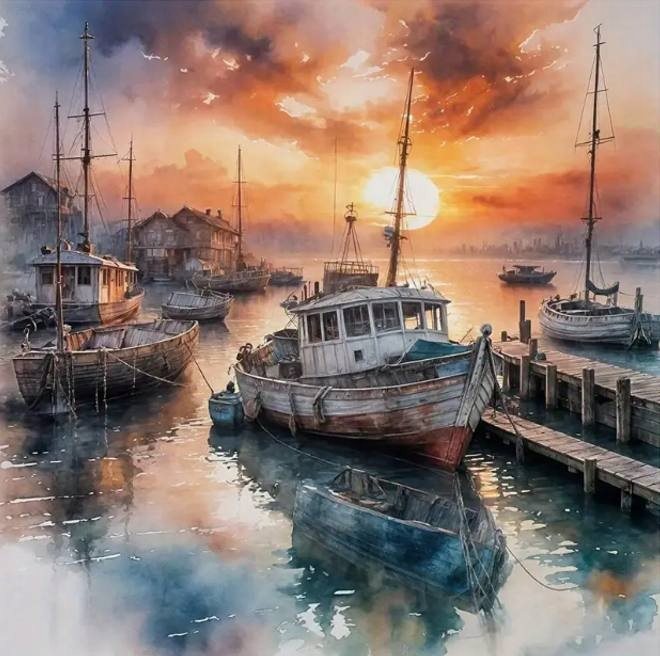 diamantové malování loď v přístavu 30 × 40 cm