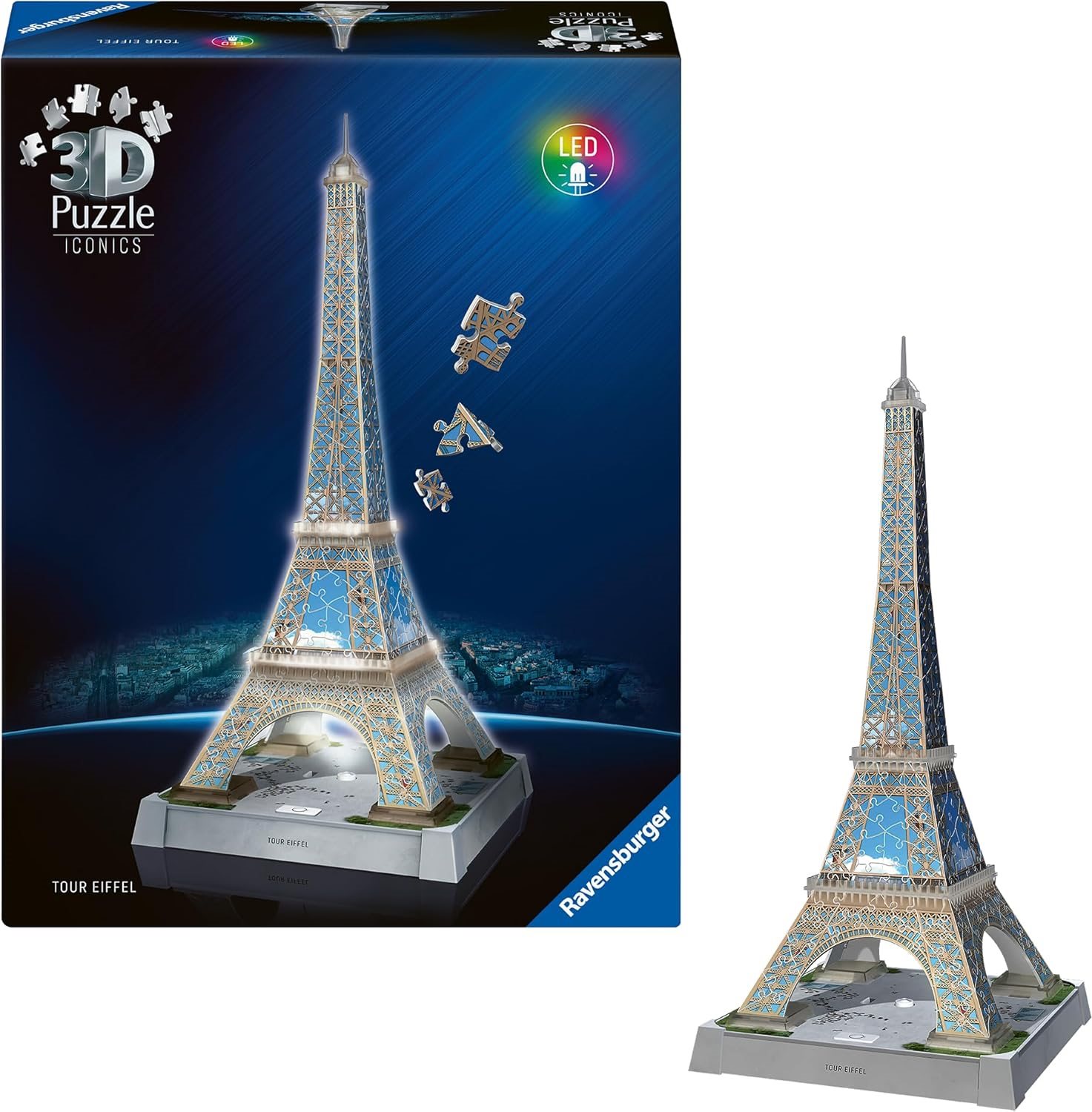 Svítící 3D puzzle Ravensburger Iconics: Eiffelova věž (Noční edice) 243 dílků