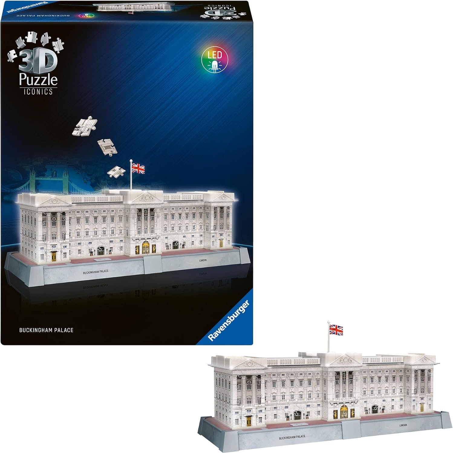 Svítící 3D puzzle Ravensburger Iconics: Buckinghamský palác (Noční Edice) 260 dílků