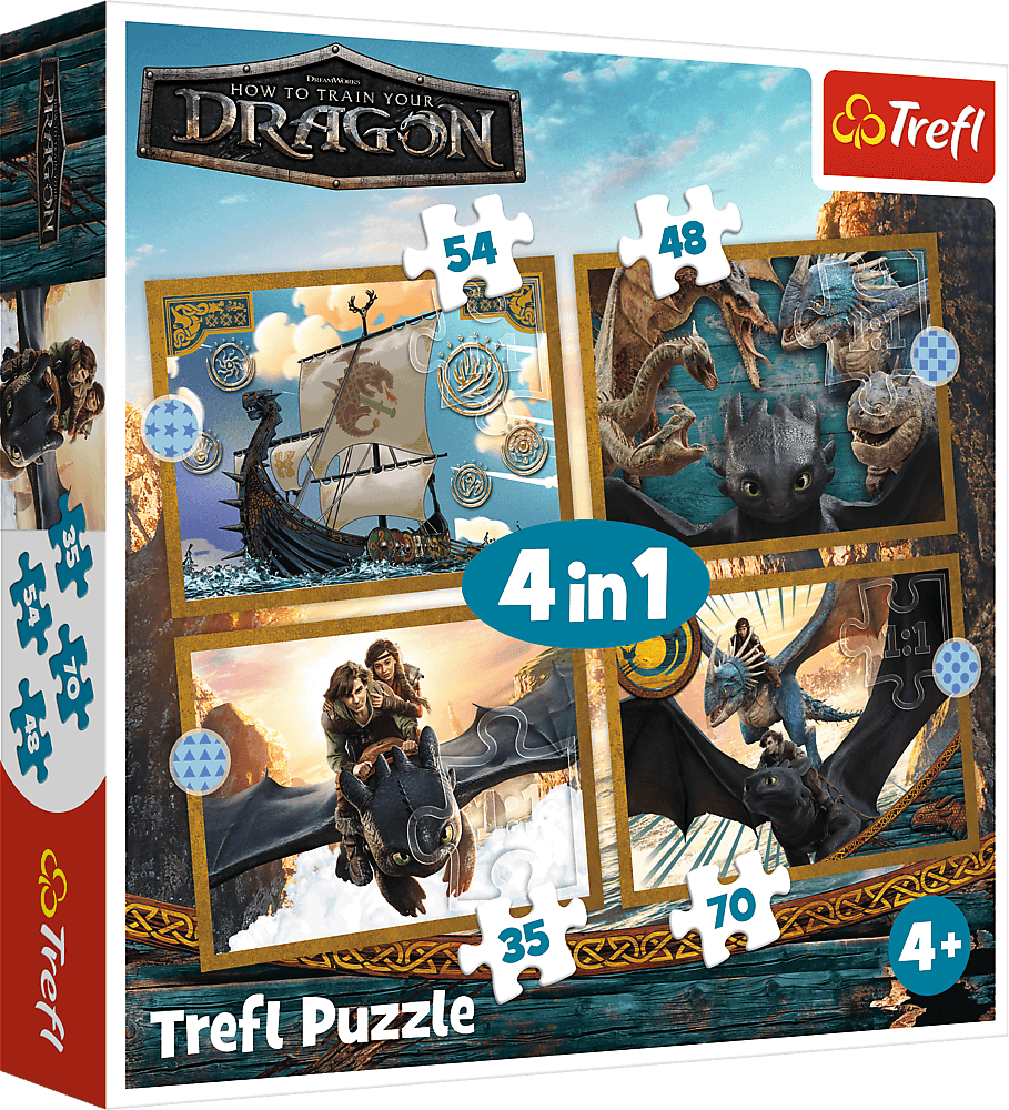Puzzle pro děti Trefl sada 4v1 Jak vycvičit draka: Dračí dny 35,48,54,70 dílků