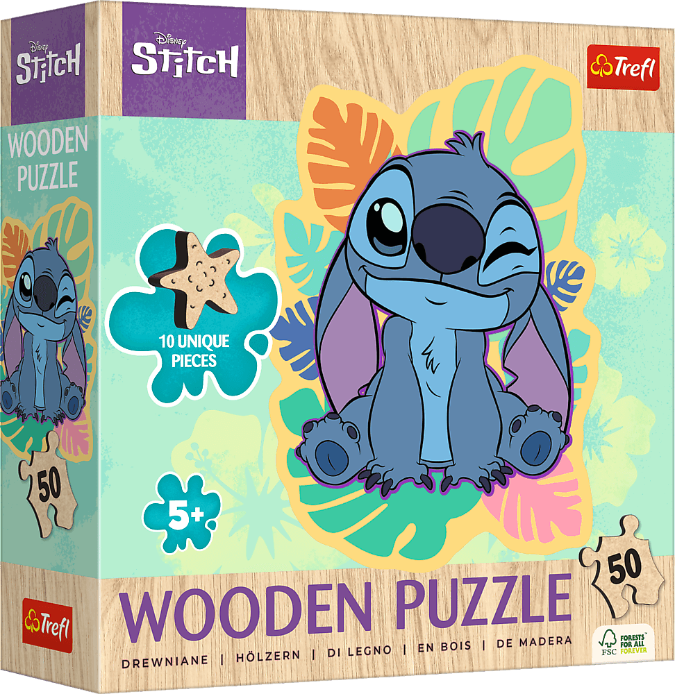 Dřevěné puzzle Trefl 50 dílků Veselý Stitch