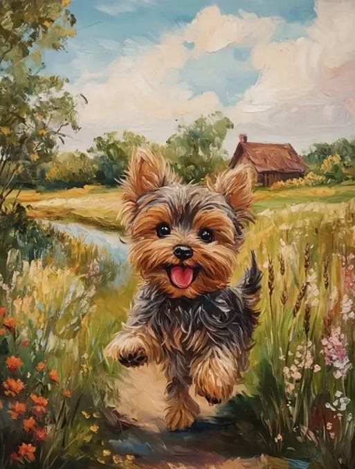 Diamantové malování Norimpex 40x30 cm Šťastný jorkšír na venkově