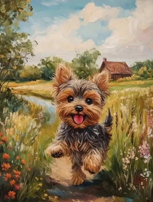 Diamantové malování Norimpex 40x30 cm Šťastný jorkšír na venkově