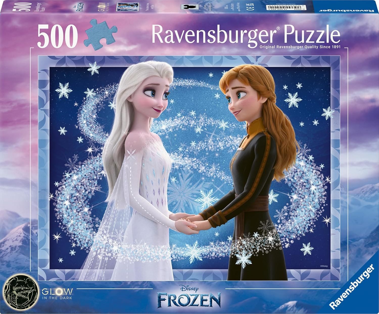 Svítící puzzle Ravensburger 500 dílků Ledové království: Sestry Anna a Elsa