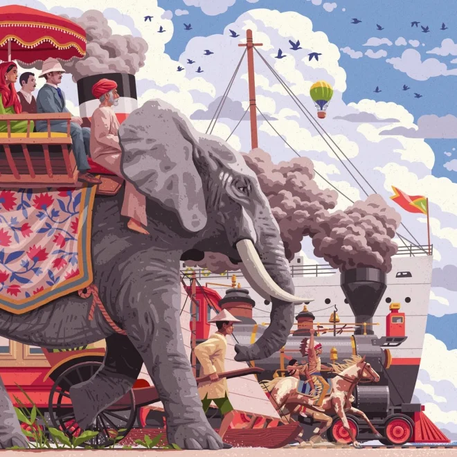 Čtvercové puzzle Ravensburger 750 dílků Art&Soul: Cesta kolem světa za 80 dní