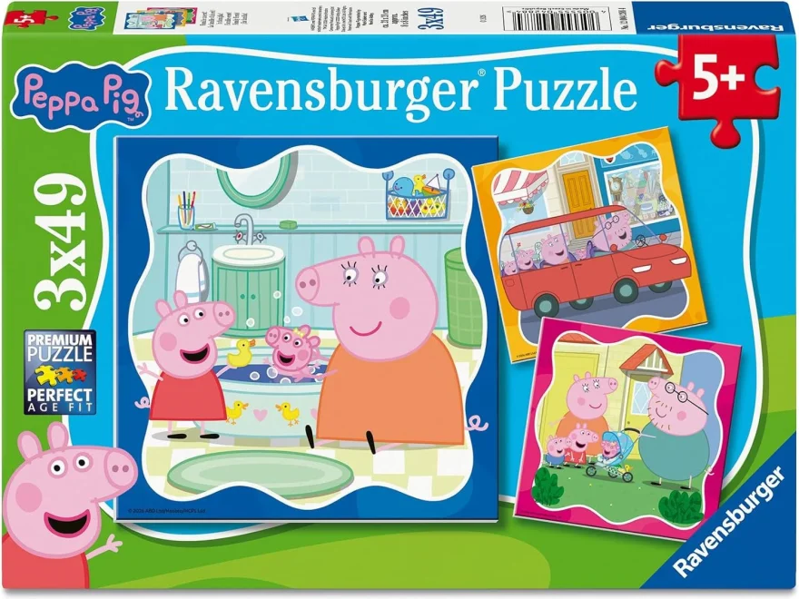 Puzzle pro děti Ravensburger 3x49 dílků Prasátko Peppa: Rodina na prvním místě 3v1