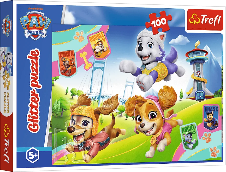 Puzzle se třpytkami Trefl 100 dílků Glitter: Tlapková patrola - Zářivá štěňata