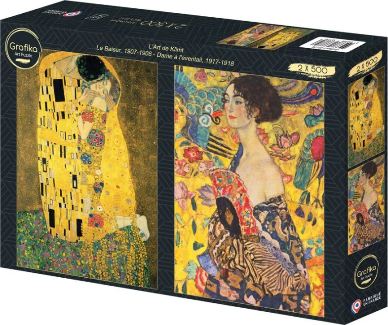Puzzle Grafika 2x500 dílků Umění G. Klimta: Polibek, 1907-1908 – Dáma s vějířem, 1917-1918