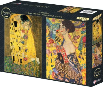 Puzzle Grafika 2x500 dílků Umění G. Klimta: Polibek, 1907-1908 – Dáma s vějířem, 1917-1918