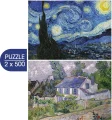 Puzzle Grafika 2x500 dílků Umění Van Gogha: Hvězdná noc, 1889 – Domy v Auvers, 1890