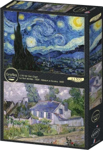 Puzzle Grafika 2x500 dílků Umění Van Gogha: Hvězdná noc, 1889 – Domy v Auvers, 1890