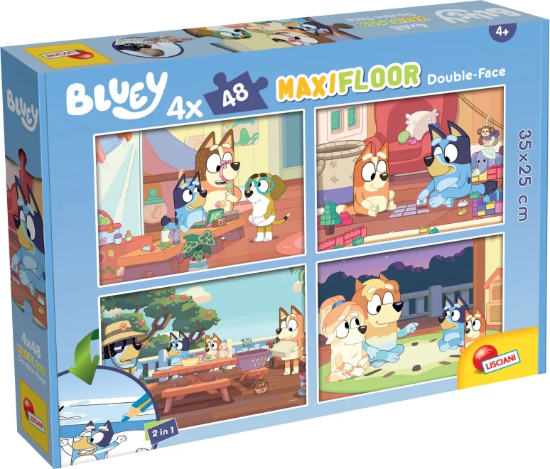 Oboustranné puzzle pro děti Lisciani MAXI 4x48 dílků Bluey (s omalovánkami)