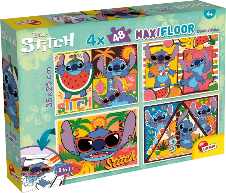 Oboustranné puzzle pro děti Lisciani MAXI 4x48 dílků Stitch (s omalovánkami)