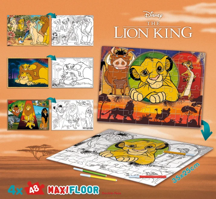 Oboustranné puzzle pro děti Lisciani MAXI 4x48 dílků Lví král (s omalovánkami)