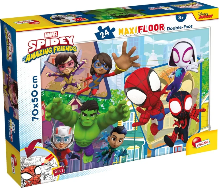 Oboustranné puzzle pro děti Lisciani MAXI 24 dílků Spidey a jeho úžasní přátelé (s omalovánkou)