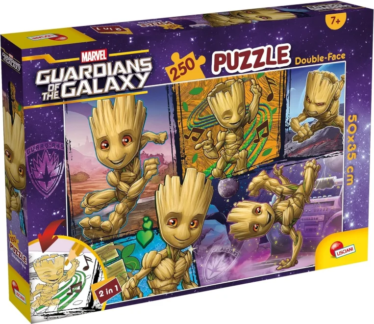 Oboustranné puzzle pro děti Lisciani Plus 250 dílků Marvel Strážci Galaxie: Groot (s omalovánkou)