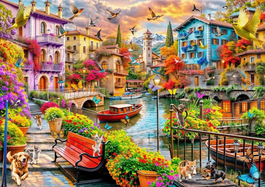Puzzle Bluebird 2000 dílků Vesnice na kanále