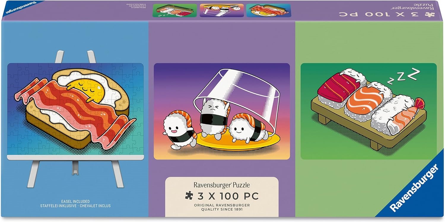 Mini puzzle Trio se stojánkem Ravensburger 3x100 dílků Kawaii snídaně, oběd a večeře