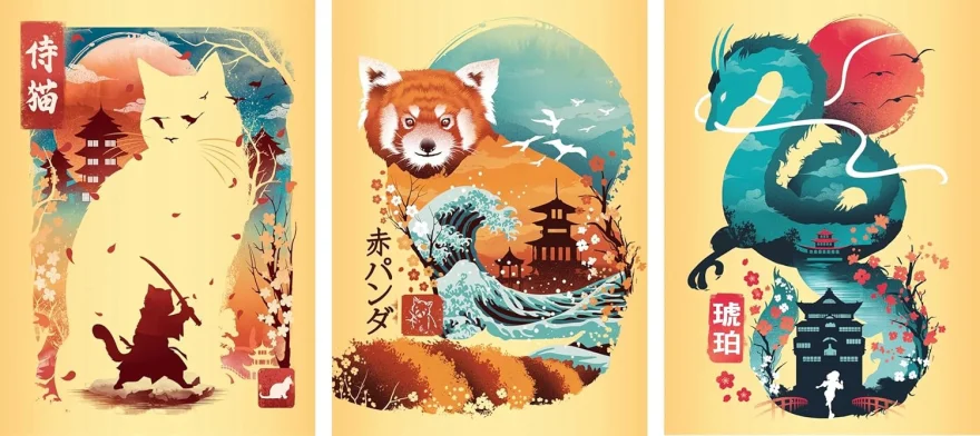 Mini puzzle Trio se stojánkem Ravensburger 3x100 dílků Ukiyo-e: Kočičí válečník, červená panda a dra