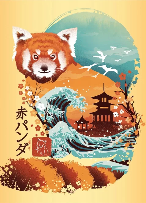 Mini puzzle Trio se stojánkem Ravensburger 3x100 dílků Ukiyo-e: Kočičí válečník, červená panda a dra