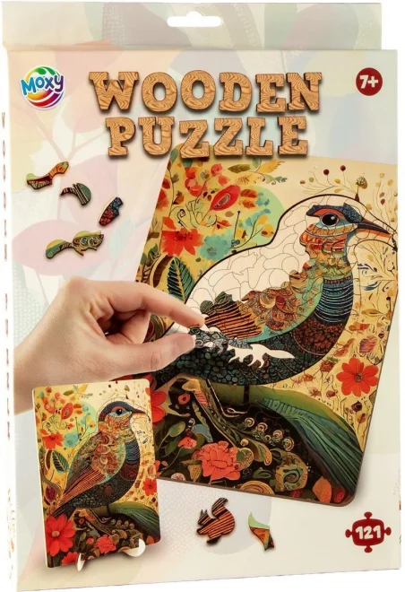 Dřevěné puzzle Moxy se stojánkem Ptáček 121 dílků
