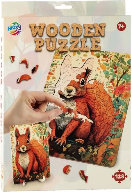 Dřevěné puzzle Moxy se stojánkem Veverka 128 dílků