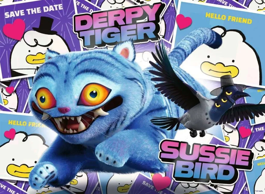 Puzzle Ravensburger 100 dílků XXL K-pop: Lovkyně démonů - Derpy Tiger & Sussie Bird