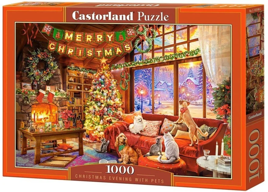 Puzzle Castorland 1000 dílků Štědrý večer s domácími mazlíčky